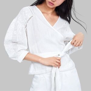 ZARA White Floral Embroidered Wrap Top Cotton Linen natural blend Sz Medium